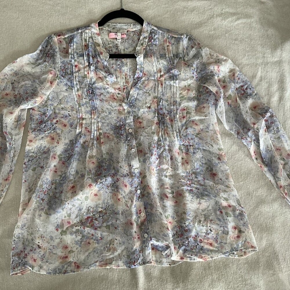 Joie Womens Silk Sheer Floral Pleated V-Neck Long Sleeve Blouse Top Small Pastel